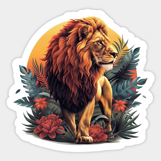 A Proud Lion At Sunset Red Flowers In The Jungle The King of the Jungle Lion Sticker by Tees 4 Thee